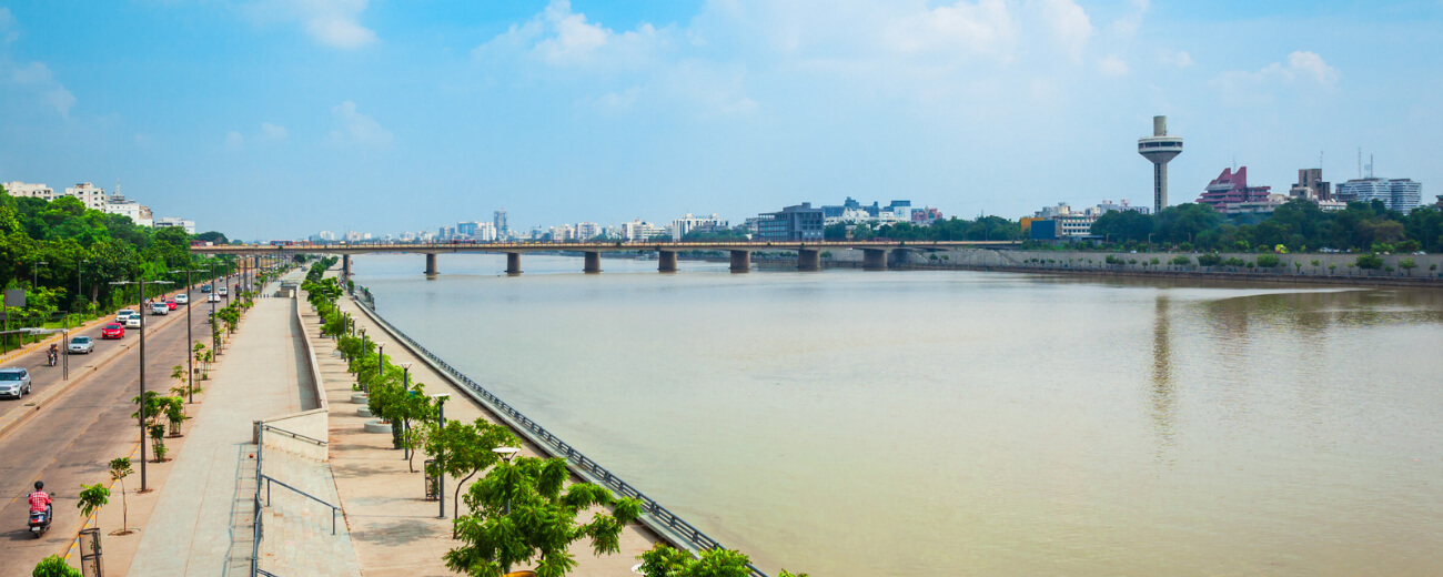 Sabarmati Riverfront promenade in Ahmedabad, Gujarat, a common destination for UK families moving to India