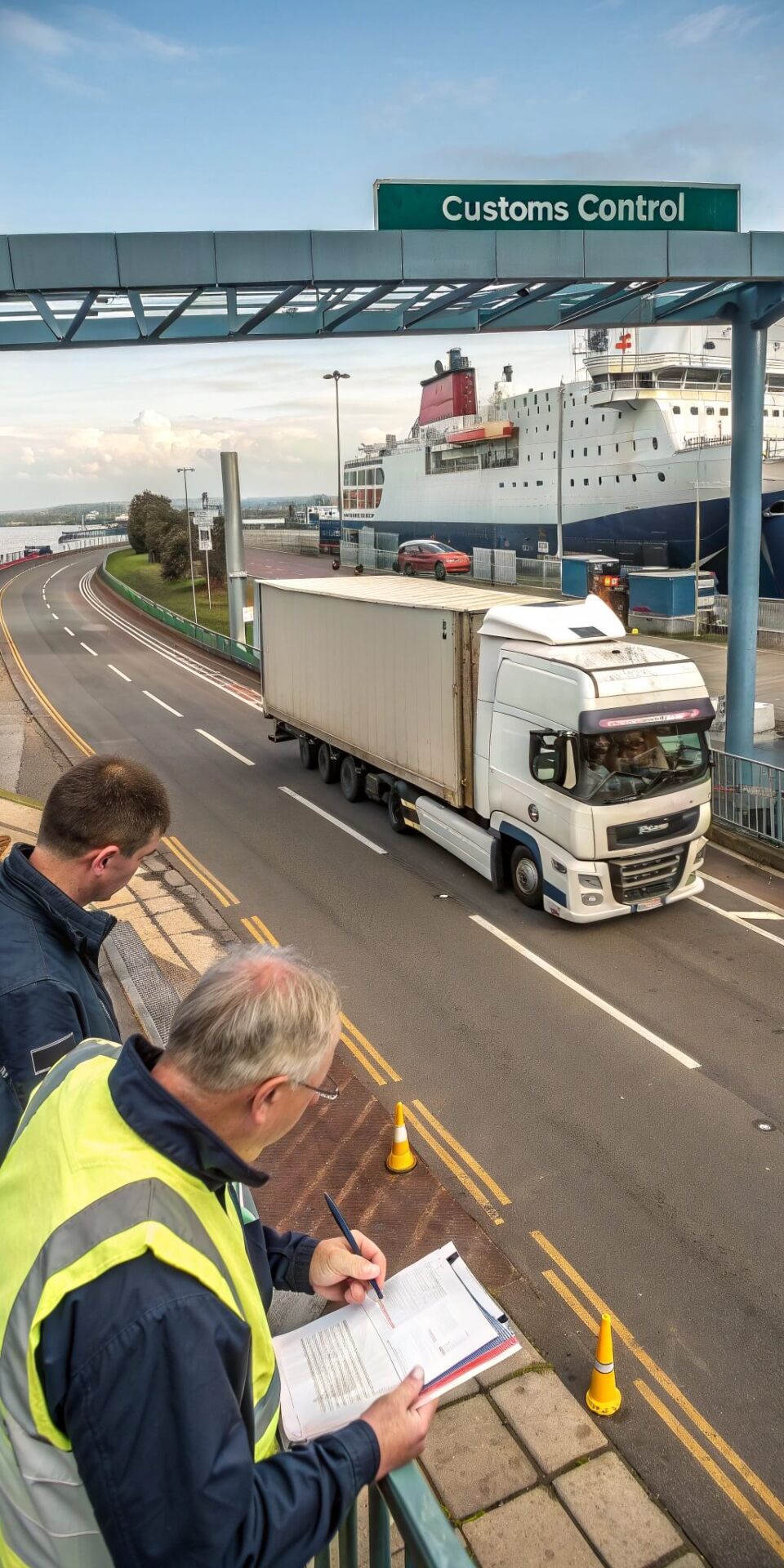 A removal truck passing through customs control at a UK border checkpoint after arriving from Ireland. Customs officers inspect documents while a ferry is docked in the background, highlighting the post-Brexit clearance process for international relocations.
