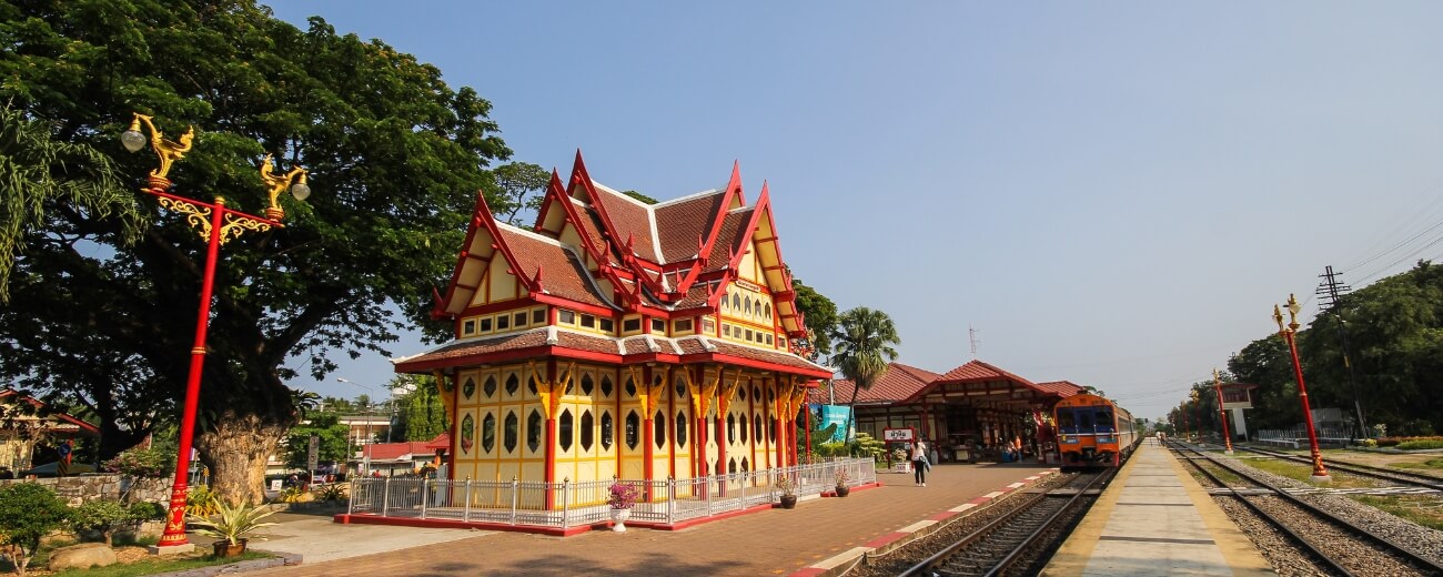Hua Hin railway station with its red and cream royal pavilion, a landmark of the seaside town