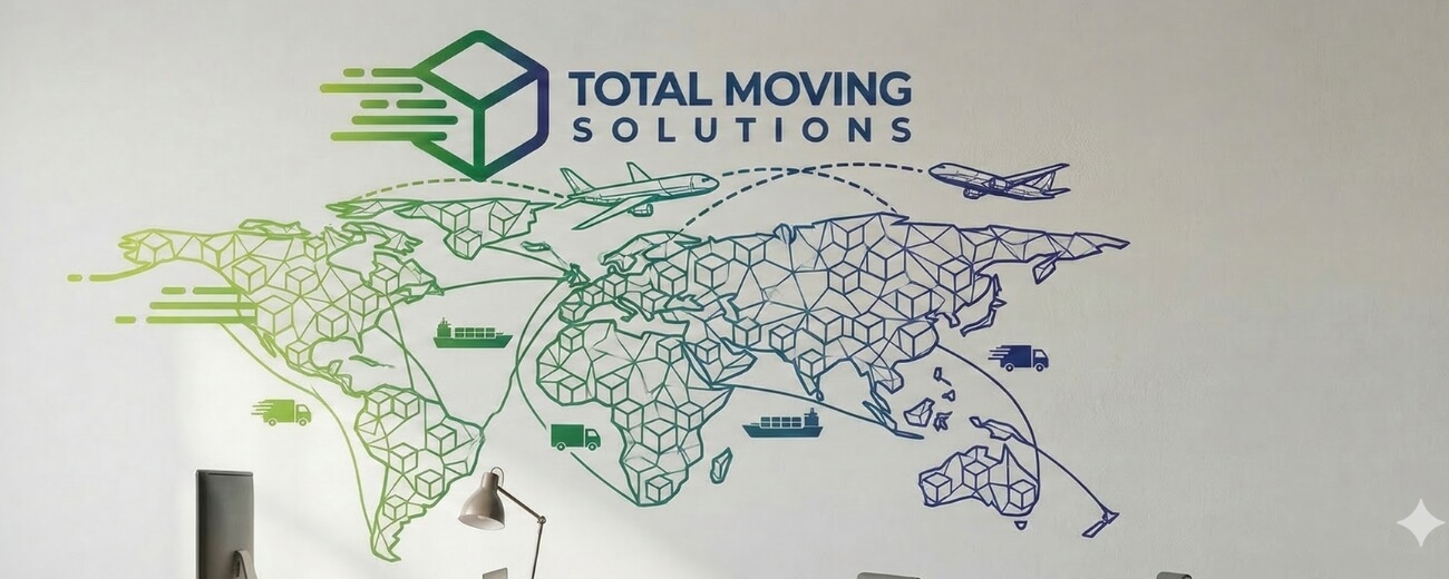 Illustrated world map showing Total Moving Solutions' trusted global removals network by road, sea and air