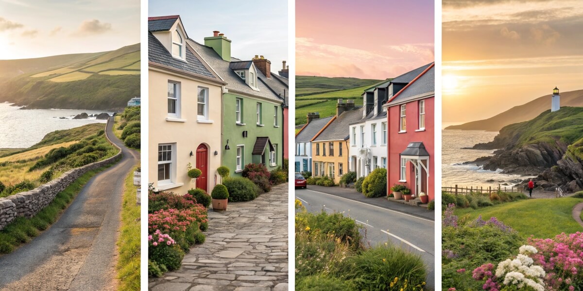 A 2:1 landscape collage showcasing Ireland and Scotland: an Irish coastal road at sunset, pastel-coloured village homes with flower-filled paths, and a scenic view of cliffs with a lighthouse at golden hour. A 2:1 landscape collage showcasing Ireland and Scotland: an Irish coastal road at sunset, pastel-coloured village homes with flower-filled paths, and a scenic view of cliffs with a lighthouse at golden hour.