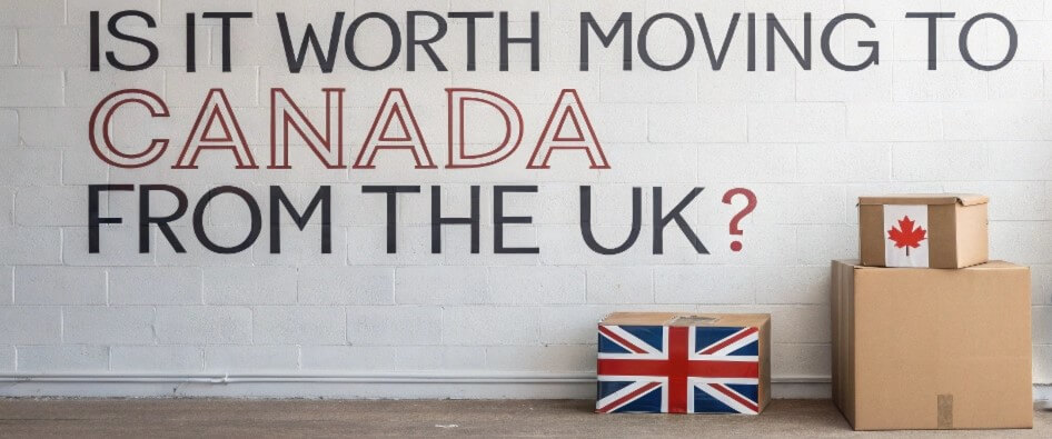 Text on a wall reading 'Is it worth moving to Canada from the UK?' with cardboard boxes, one featuring a Union Jack and another with a Canadian flag.