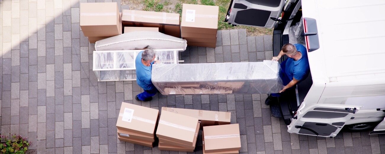 International removals team carrying boxes
