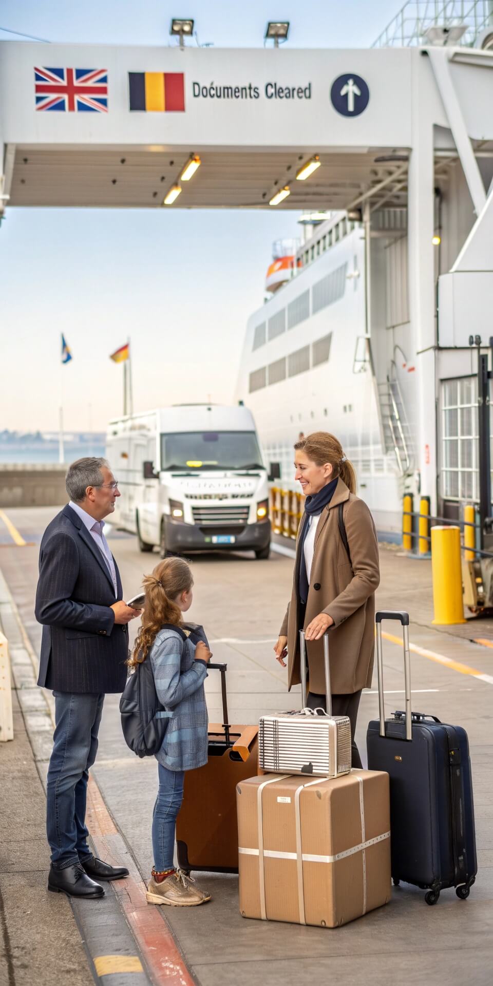 Family with luggage at UK-Belgium customs checkpoint preparing to board ferry during international move Family with luggage at UK-Belgium customs checkpoint preparing to board ferry during international move
