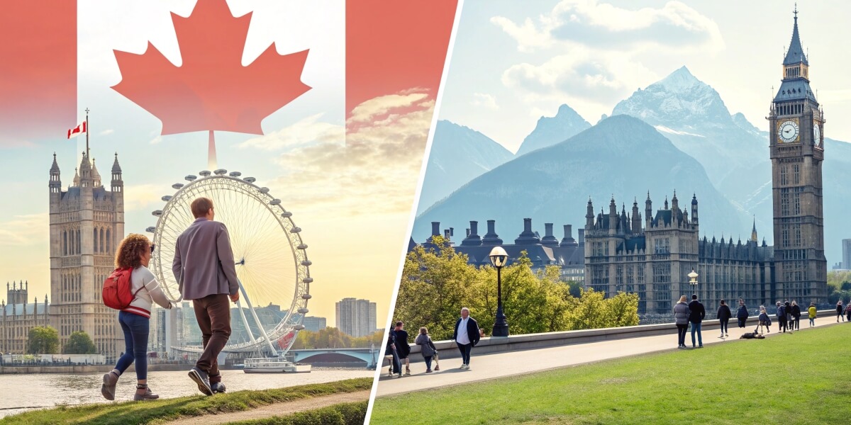 Split image showing the journey from the UK to Canada: Big Ben and the London Eye on one side, and the Canadian flag and mountains on the other, symbolizing relocation.