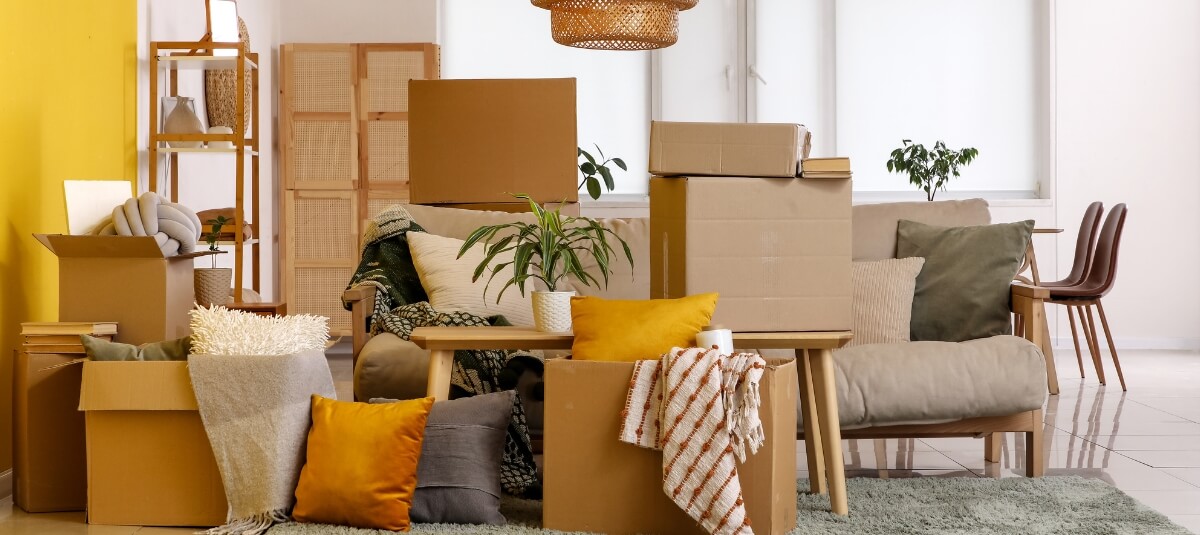Living room filled with moving boxes, furniture and household items prepared for a house removal.