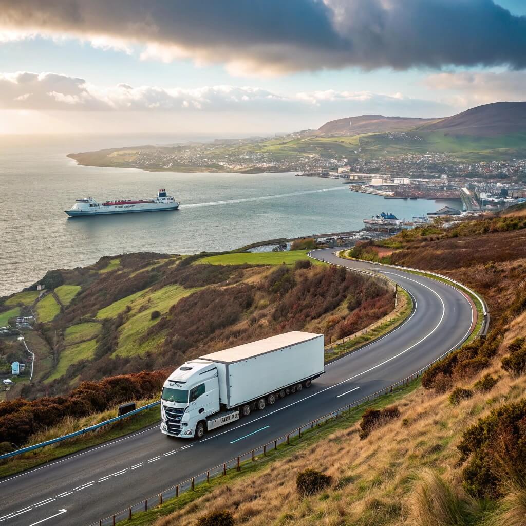 A moving truck traveling along a scenic coastal road from Ireland to Scotland, with a ferry in the background, symbolizing transport logistics and factors affecting moving time, such as location, customs, and weather conditions.