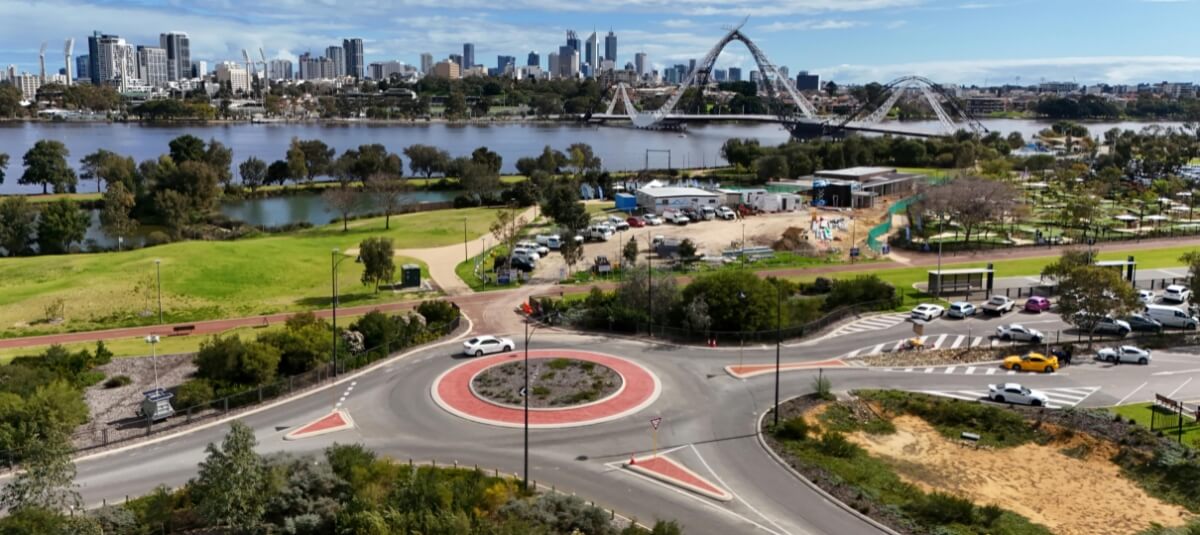 Perth Australia skyline with roads, Swan River and city views