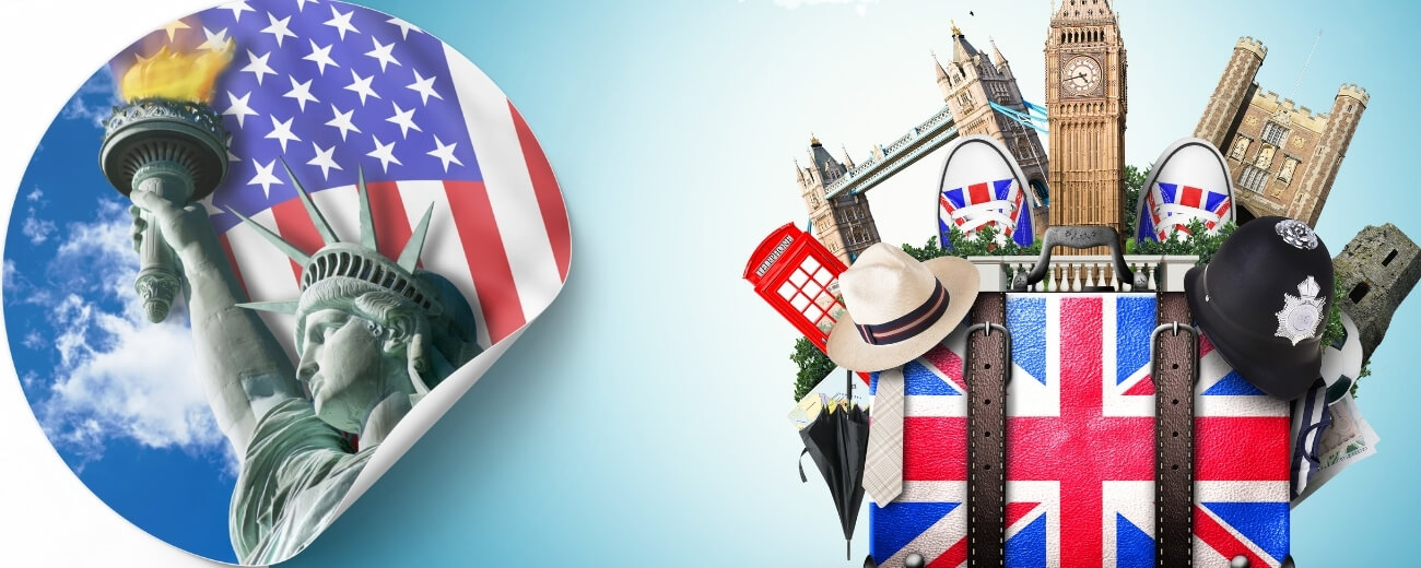 Statue of Liberty and suitcase with UK icons, highlighting the journey from England to America