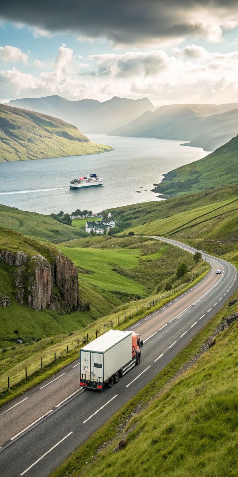 A large moving truck driving along a winding road in the Scottish Highlands, with a ferry crossing the sea in the background, representing removals from Ireland to Scotland.