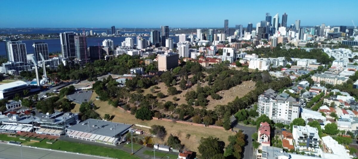 Perth Australia city skyline with green parkland and outdoor space