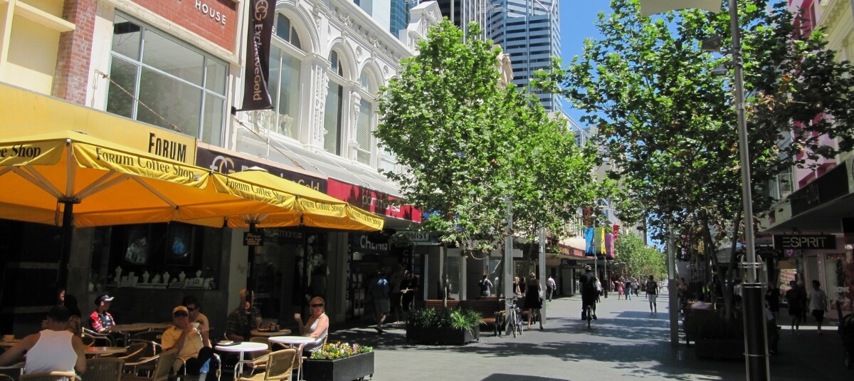 Outdoor cafes in Perth city centre on a sunny day