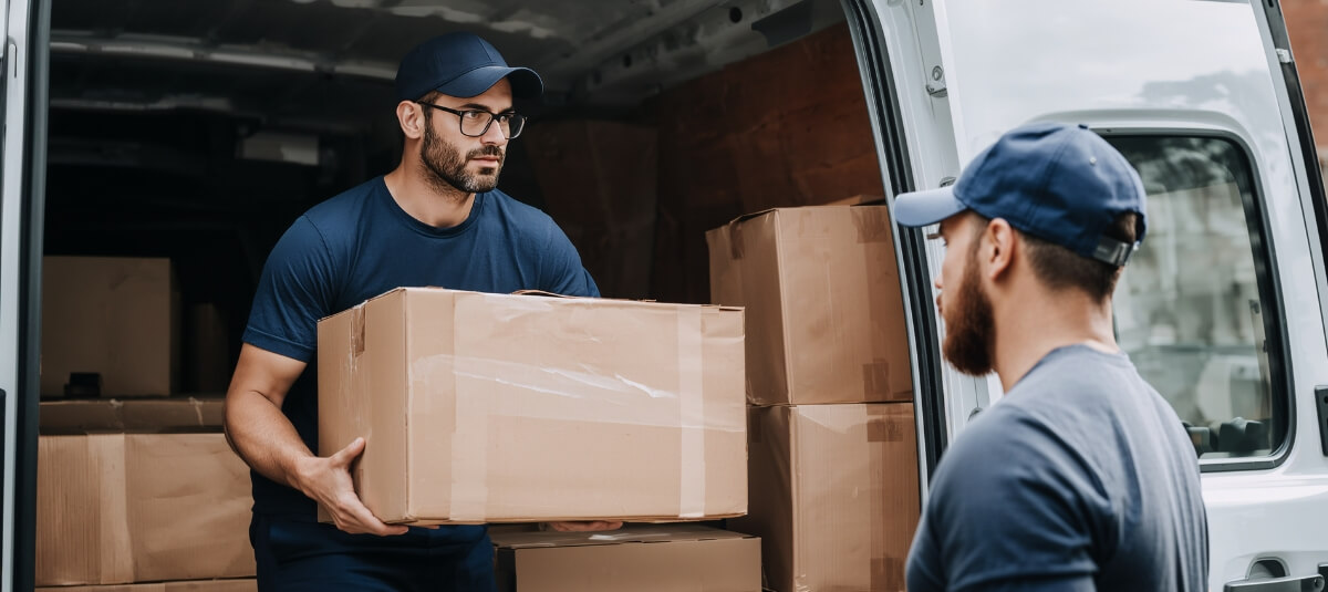 Two professional movers loading packed boxes into a removals van for a long distance UK relocation.