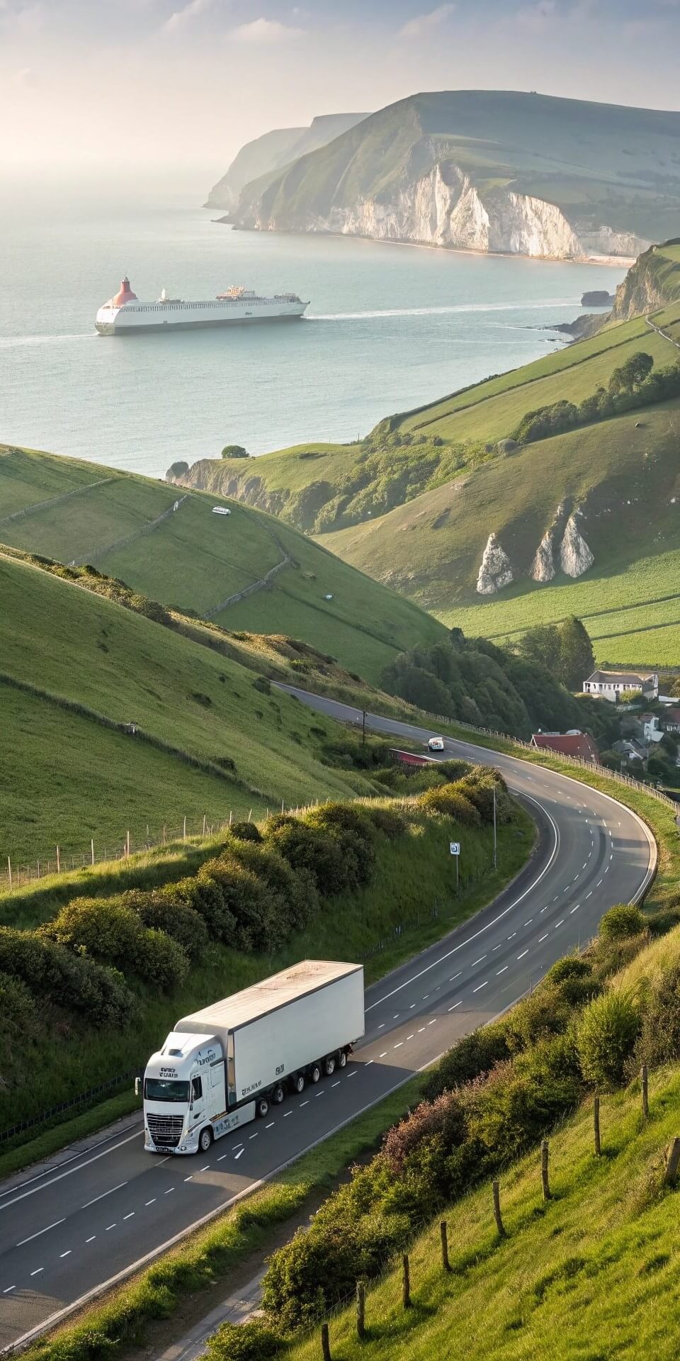 Lorry driving through scenic countryside towards a ferry crossing to the UK, symbolising international removals from Belgium to the UK. Lorry driving through scenic countryside towards a ferry crossing to the UK, symbolising international removals from Belgium to the UK.