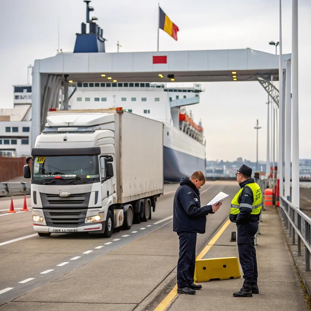 Removal truck passing through customs control in Belgium before ferry transport to the UK. Removal truck passing through customs control in Belgium before ferry transport to the UK.