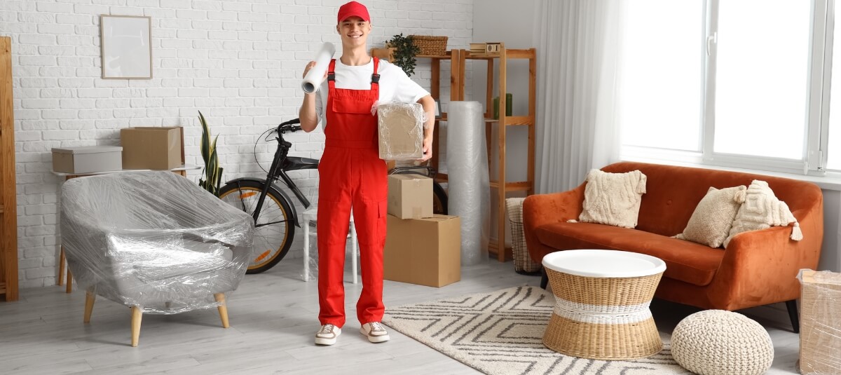 Professional mover in red uniform packing boxes and furniture, preparing for an international removal from the UK to Poland. Professional mover in red uniform packing boxes and furniture, preparing for an international removal from the UK to Poland.
