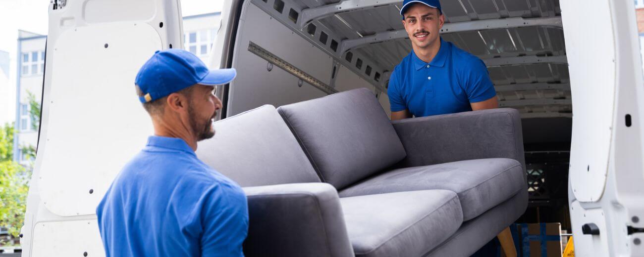 Removals team loading a van for a move to Thailand Two removals team members loading a sofa into a van at the start of a move from the UK to Thailand