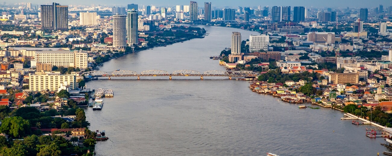 Bangkok and the Chao Phraya River Aerial view of Bangkok and the Chao Phraya River for people moving to Thailand from the UK