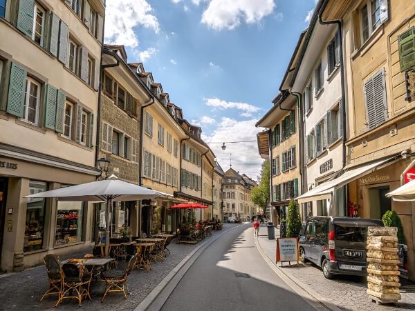Curved street in Winterthur’s old town with outdoor seating, historic buildings and shops – a peaceful place for new UK arrivals to settle. Curved street in Winterthur’s old town with outdoor seating, historic buildings and shops – a peaceful place for new UK arrivals to settle.