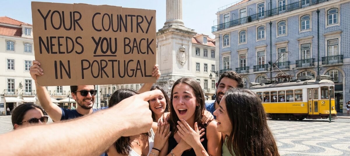Group of happy Portuguese friends celebrating their return home under the Programa Regressar 2026 initiative in Lisbon, symbolising returning to Portugal from the UK with government grants and support.Group of happy Portuguese friends celebrating their return home under the Programa Regressar 2026 initiative in Lisbon, symbolising returning to Portugal from the UK with government grants and support.