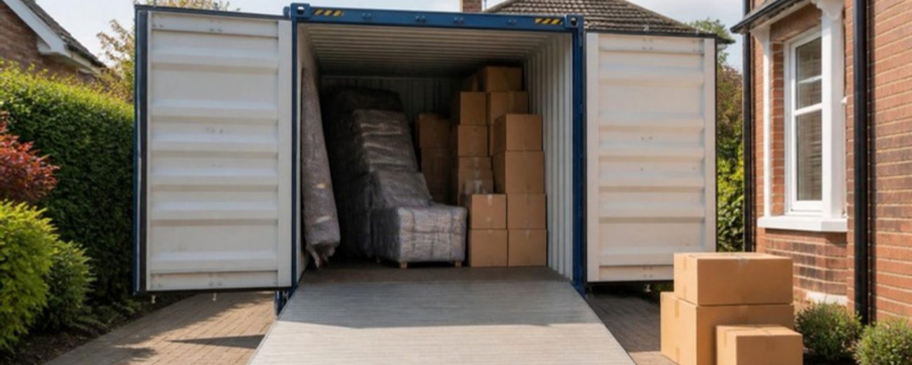 Shipping container loaded with household boxes and wrapped furniture for a removal from the UK to Australia