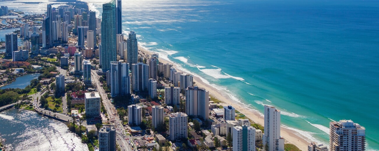Surfers Paradise, Gold Coast, from the air Aerial view of Surfers Paradise beach and the high-rise skyline on the Gold Coast