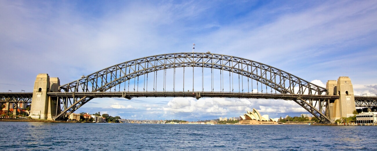 Sydney Harbour Bridge and Opera House Sydney Harbour Bridge with the Opera House behind it, seen from across the harbour