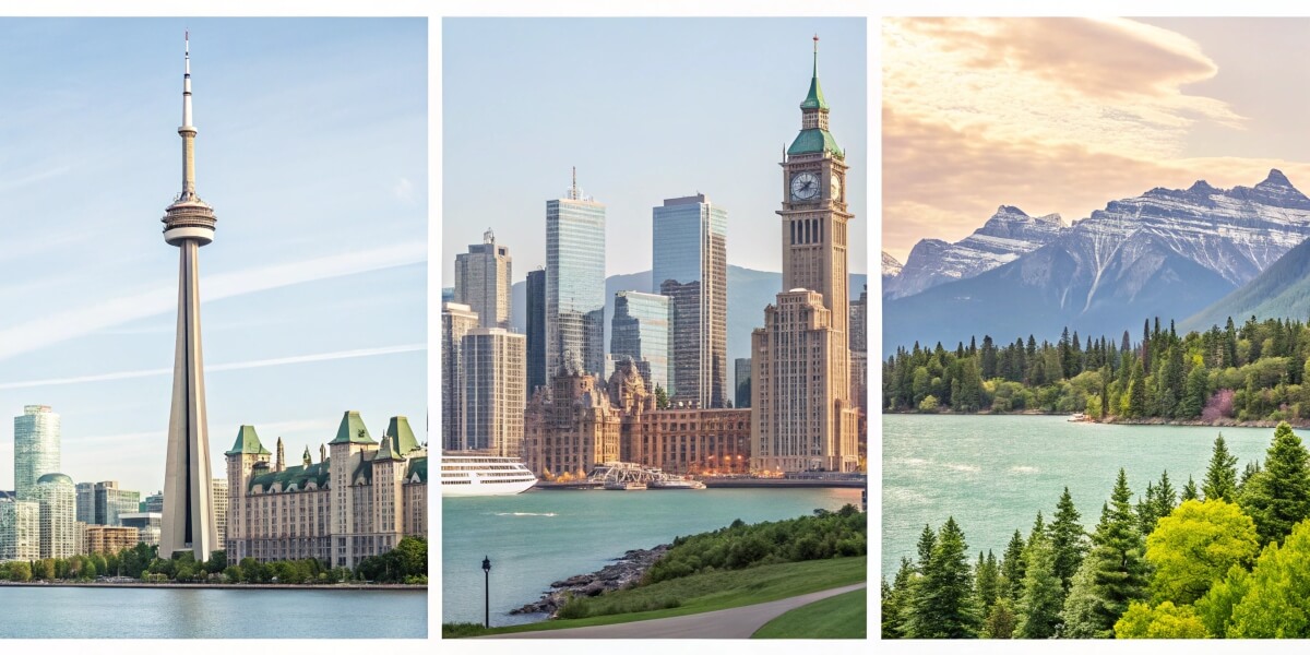 Collage of iconic Canadian locations: the CN Tower in Toronto, city skylines, and the Rocky Mountains, showcasing the best places for UK expats in Canada.