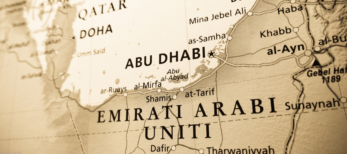 Sepia-toned map highlighting the UAE with key locations like Abu Dhabi and surrounding regions, symbolising financial planning and expat-friendly banking services in the Emirates.
