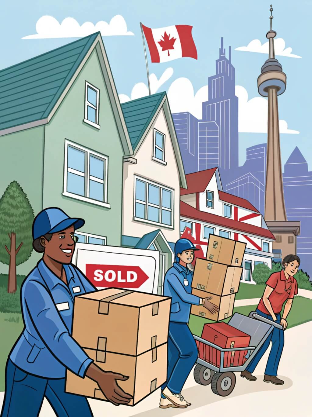Team of professional movers relocating boxes to a new home in Canada, with a Canadian flag and iconic city skyline in the background, symbolizing stress-free international removals from the UK.