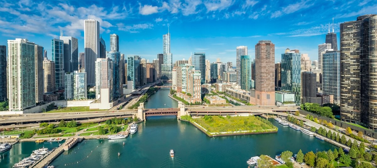 Chicago skyline and river showing urban lifestyle in the USA for UK expats