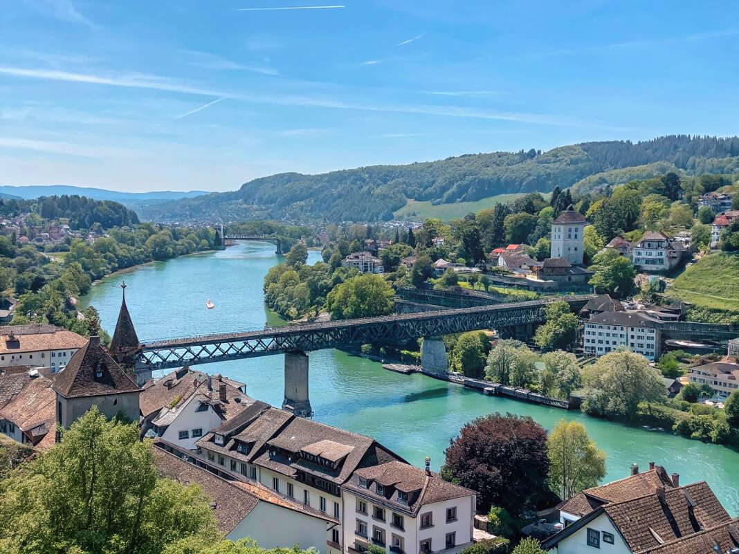 Panoramic view of Schaffhausen from Munot Fortress showing the Rhine River, rooftops and green hills