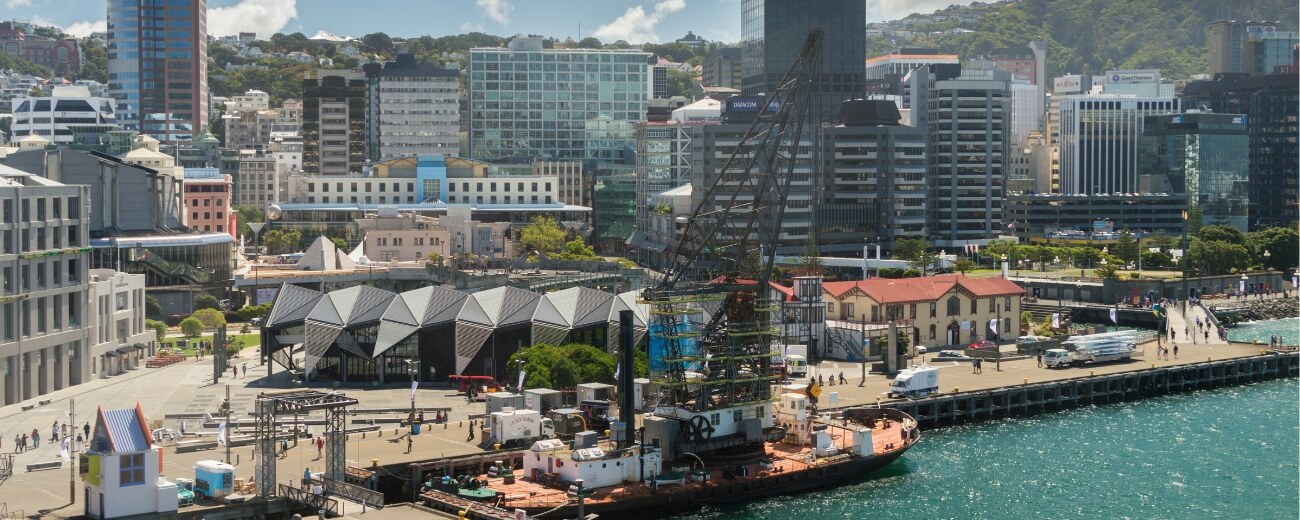 Wellington Harbour in New Zealand with port activity illustrating international shipping for UK removals Wellington Harbour in New Zealand with port activity illustrating international shipping for UK removals