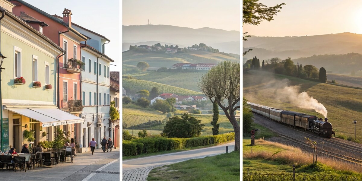 A scenic collage of three landscapes showing a vibrant European town, rolling countryside hills, and a vintage train journey through lush fields, symbolising the diverse lifestyle and living options to consider when relocating. A scenic collage of three landscapes showing a vibrant European town, rolling countryside hills, and a vintage train journey through lush fields, symbolising the diverse lifestyle and living options to consider when relocating.